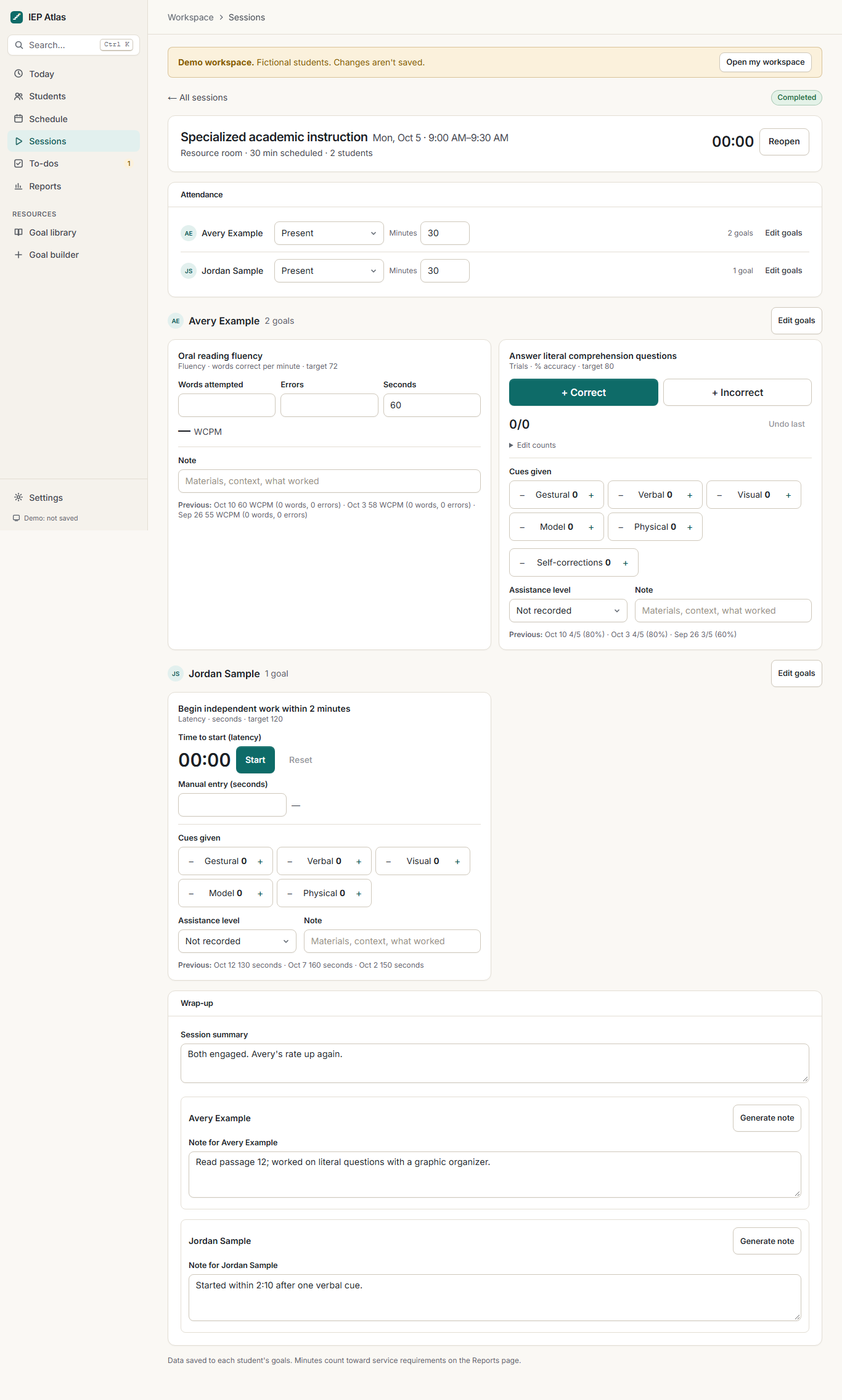 The IEP Atlas session runner: attendance for two students and live data capture for each goal, with a trial counter and cue tallies.
